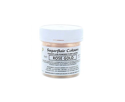 Image shows a jar of Sugarflair Edible Glitter Dust Powder in Rose Gold color. The container is labeled with the product name, "Rose Gold," and includes a description of the product. The jar has a white lid and a clear body, allowing the glitter dust inside to be visible. The size of the jar is 25g.