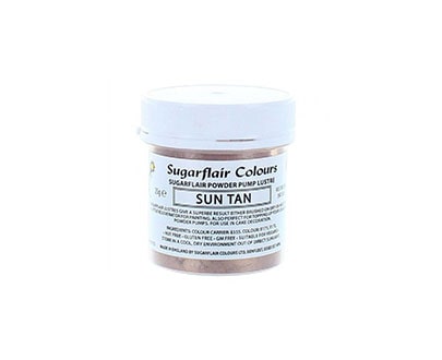 Image of a cylindrical container of Sugarflair edible glitter dust powder labeled "Sun Tan" weighing 25g. The container has a white lid and features the Sugarflair logo, along with product information and instructions on the label. The color of the glitter appears to be a light brown or tan shade.