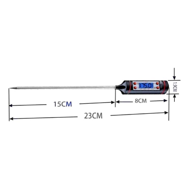 The image shows a digital candy thermometer. It features a long, slender stainless steel probe and a digital display on the handle, which currently reads 75.0 degrees. The thermometer measures 23 cm in total length, with a probe length of 15 cm and a handle width of 8 cm. The handle is designed with a black and red color scheme. There are also measurement indicators on the sides, showing dimensions in centimeters.