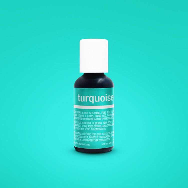 A bottle of Chefmaster Liqua Gel Color in turquoise, 0.7 oz (20 ml). The bottle has a black body and a white cap, with a label featuring the word "turquoise" in white text on a turquoise background. The label includes ingredient information, including corn syrup, glycerin, and food colorings. The image is set against a solid turquoise background.
