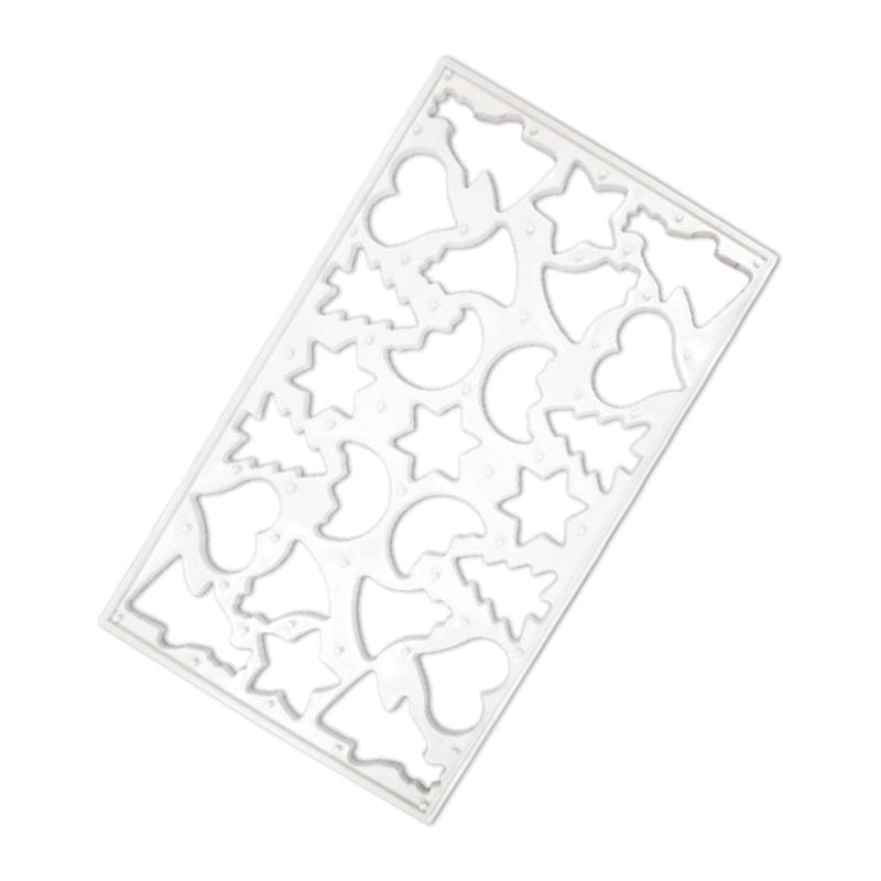 A rectangular mold featuring various cookie cutter shapes, including hearts, stars, trees, and crescent moons. The mold is white and contains multiple cutouts arranged in a pattern. It is designed for creating cookies in different shapes using dough.