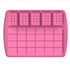 A pink silicone mold designed for making chocolate bars. The mold features several cavities, including a large rectangular section with multiple smaller square compartments at the bottom and three smaller rectangular compartments at the top. The overall design allows for the creation of both large and mini chocolate bars.