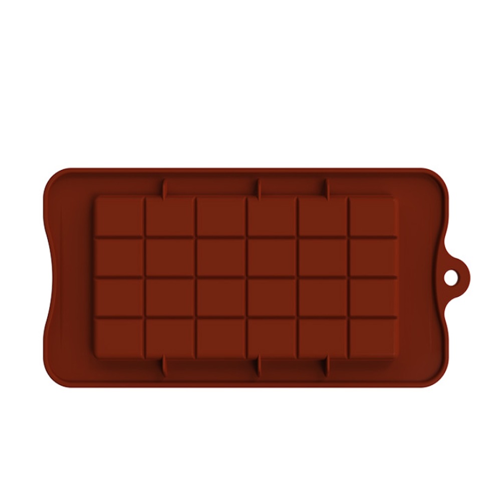 A rectangular chocolate bar silicone mold in a rich brown color, featuring multiple square cavities arranged in a grid pattern. The mold has a decorative edge and a small hanging hole on one side.