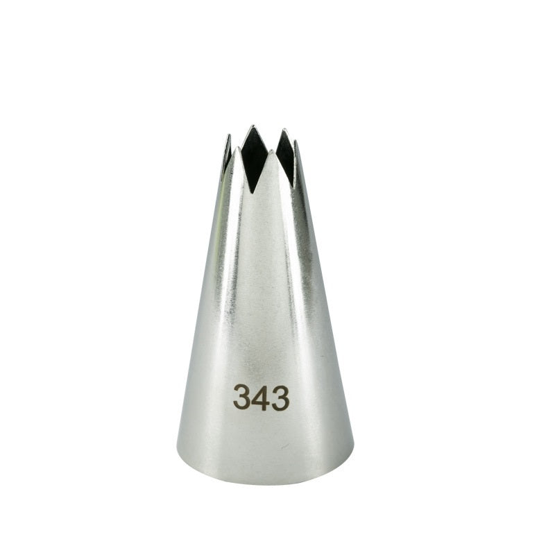 A stainless steel piping nozzle shaped like a cone with a star-shaped opening at the top. The nozzle is engraved with the number "343" on one side.