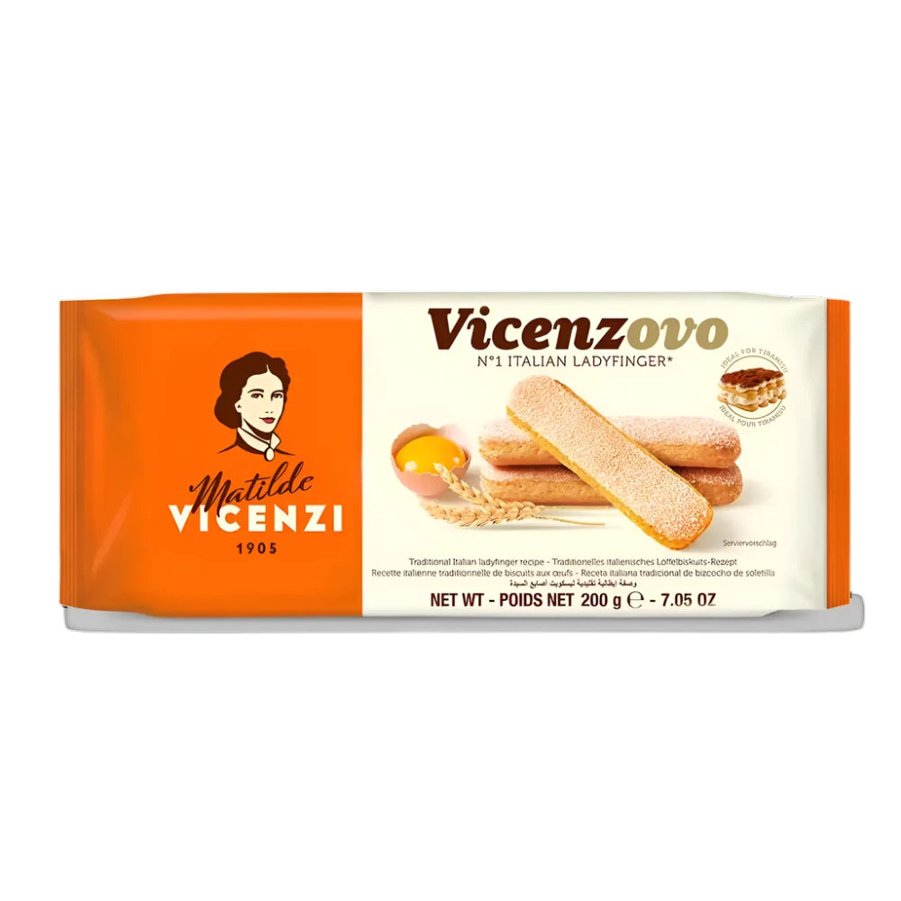 Packaging of Matilde Vicenzi Vicenzovo Ladyfingers, 200g, showing traditional Italian ladyfinger biscuits.