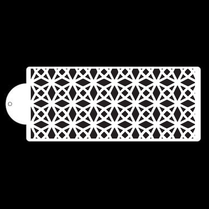 The image displays a rectangular cake stencil featuring a geometric pattern consisting of interlocking star shapes. The stencil is white against a black background, showcasing intricate designs that can be used for decorating cakes or other confections. One end of the stencil has a rounded hole for easy handling or attachment.