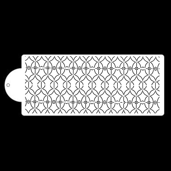The image displays a rectangular cake stencil, primarily white with a black decorative pattern. The stencil features a repetitive design of interlocking circles, with floral motifs at the center of each circle. One end of the stencil has a rounded edge with a small hole, which may be used for hanging or handling. The overall look is elegant and intricate, suitable for creating decorative patterns on cakes.