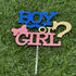 A customized cardstock cake topper reading "BOY or GIRL?" with colorful glitter. The word "BOY" is in blue with a blue mustache graphic, while "GIRL" is in pink, accompanied by a pink bow. The text is mounted on a clear stick, set against a green grass background.