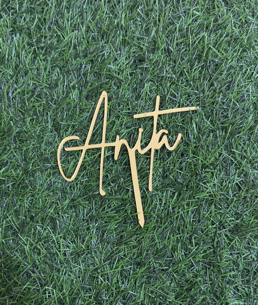 A customized acrylic cake topper displaying the name "Anita" in an elegant, cursive font. The topper is made of a shiny gold material and is placed on a textured green grass background.