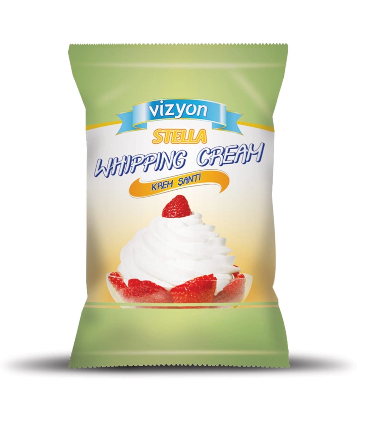 A package of Vizyon Stella Whipping Cream Powder, labeled as "Krem Santi." The packaging is green with a blue and yellow banner displaying the brand name "Vizyon Stella." The front of the package features an image of whipped cream topped with fresh strawberries in a bowl. The text "Whipping Cream" is prominently displayed in blue, with "Krem Santi" in orange below it.