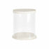 A round, transparent PVC tall cake box with a white lid. The box has a cylindrical shape and a smooth surface, designed to hold and display cakes or pastries. The dimensions are approximately 8 inches in diameter and 17.7 inches in height. The base is slightly wider than the upper rim, providing stability.