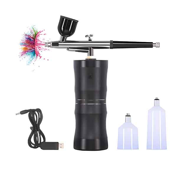 An airbrush spray gun is displayed in the image, featuring a sleek black body and a chrome nozzle that emits vibrant splashes of color. The set includes two clear plastic bottles for paint or fluid storage and a USB charging cable. The design highlights precision with a connected airbrush that allows for detailed spraying.