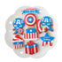 A decorative plate displays a set of seven colorful cookies themed around Captain America. The cookies include two figures of Captain America in blue, red, and white, two shield designs, a birthday cake with blue and red stripes, a cupcake with a swirl of frosting, and a present decorated with a bow. The words "CAPTAIN AMERICA" are prominently visible on one of the cookies, along with a star that says "HAPPY Birthday." The overall theme is festive and bright.