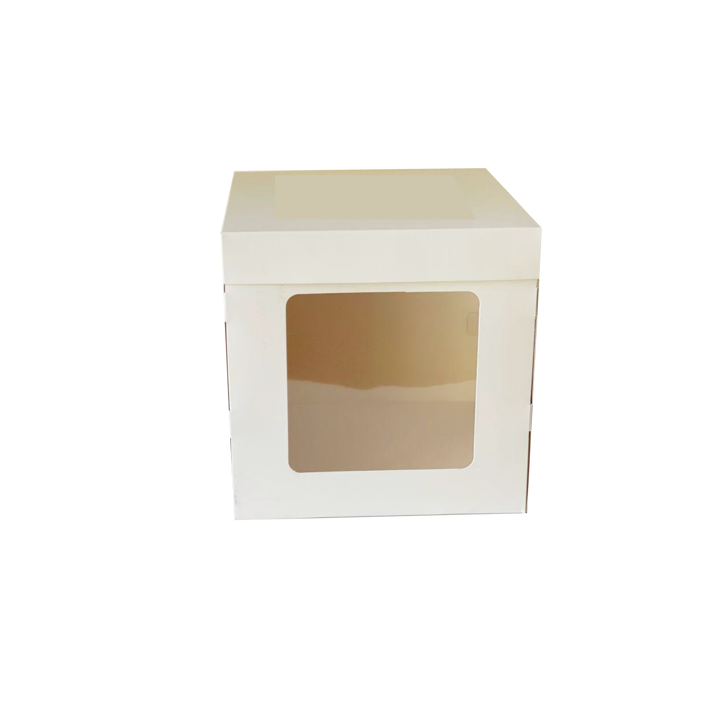 A tall, square, white cake box with a clear window on one side. The box is designed to hold cakes and measures 10x10 inches in width and height, with a 10-inch depth. The top of the box is flat and has a clean, minimalist design.