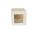 A tall, square, white cake box with a clear window on one side. The box is designed to hold cakes and measures 10x10 inches in width and height, with a 10-inch depth. The top of the box is flat and has a clean, minimalist design.