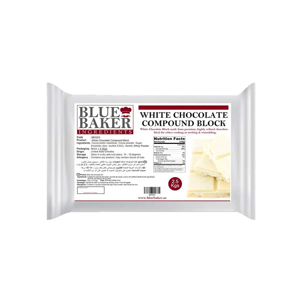 A rectangular block of white chocolate compound, packaged in a plastic wrapper. The front of the package features the branding "Blue Baker" at the top, with the product name "White Chocolate Compound Block" prominently displayed. The packaging includes ingredient information, nutritional facts, and storage instructions. A weight of 2.5 kg is indicated at the bottom, along with a website URL for more information.