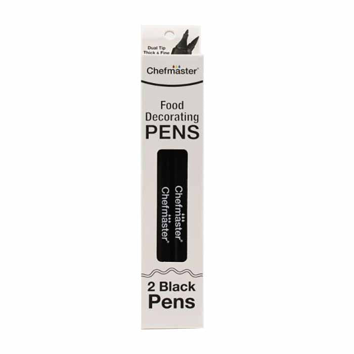 "Packaging for Chefmaster food decorating pens featuring two black pens. The design includes the text &
