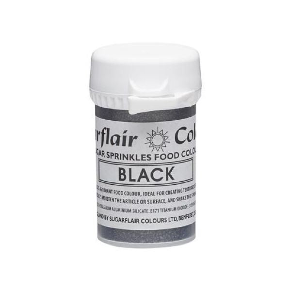 A small plastic container of black sugar sprinkles, labeled "Sugarflair Sugar Sprinkles Food Colour Black." The container is primarily white with a gray band featuring product information, including usage instructions. The lid is white and slightly lifted, indicating it can be easily opened. The label includes details about the product&