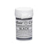 A small plastic container of black sugar sprinkles, labeled "Sugarflair Sugar Sprinkles Food Colour Black." The container is primarily white with a gray band featuring product information, including usage instructions. The lid is white and slightly lifted, indicating it can be easily opened. The label includes details about the product&