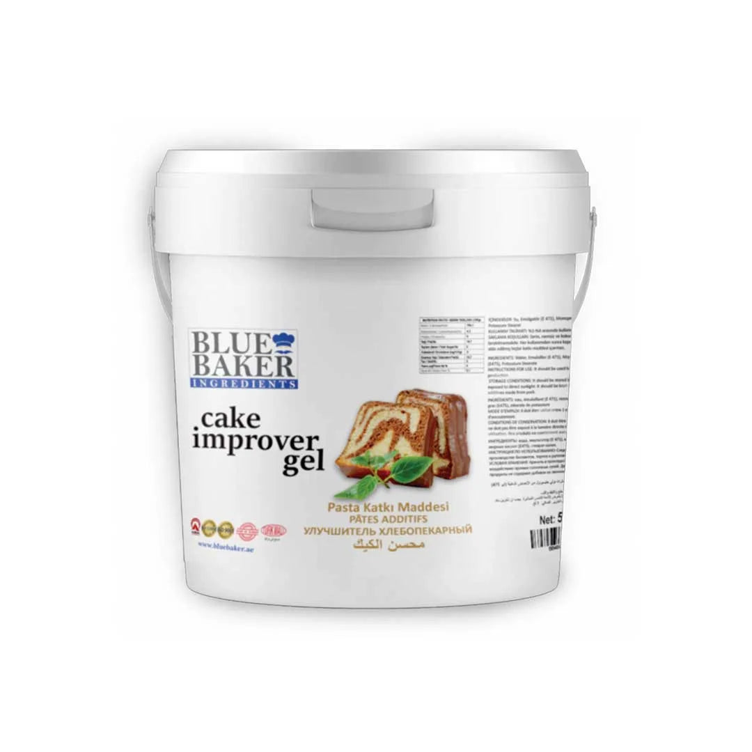 Blue cake improver gel in a small container, designed to enhance the texture and color of baked goods.
