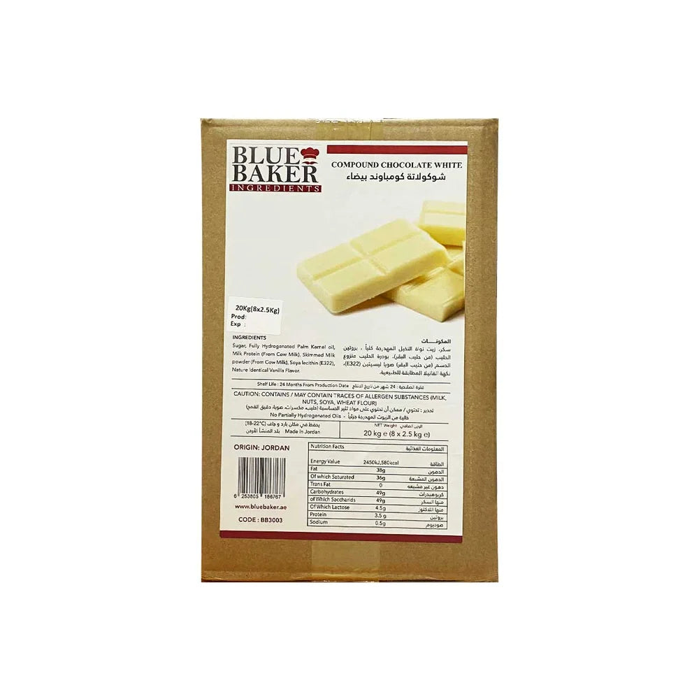 A 2.5 kg block of Blue Baker white chocolate compound, shown with a package displaying the product name and ingredients list. The background has a light brown color, and the image includes details such as nutritional information, allergen warnings, and the product&