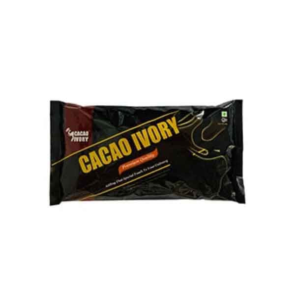 Packaging of Cacao Ivory Dark Chocolate Compound 1kg, predominantly black with gold and white text and design elements.