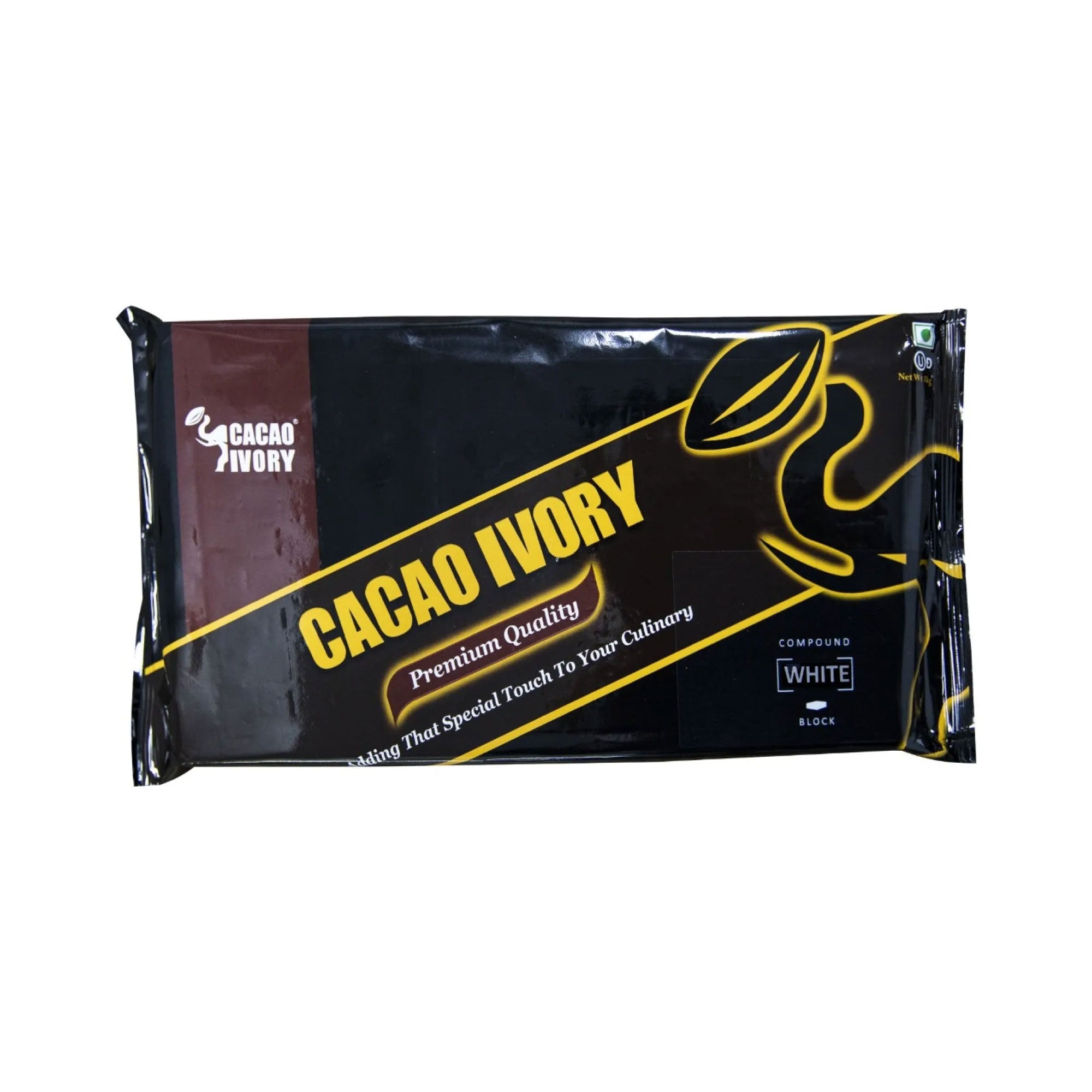 Packaging of Cacao Ivory White Chocolate Compound 1kg, with the brand name and product weight visible.