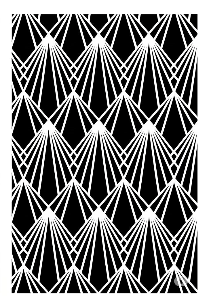 Black background with a repeating geometric pattern of white lines forming diamond shapes, resembling art deco style fans, creating a retro elegance.
