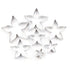 "Set of seven metal cookie cutters in the shape of flowers, ranging in size from small to large. The cutters have sharp edges and a shiny silver finish, featuring a floral design with pointed petals."
