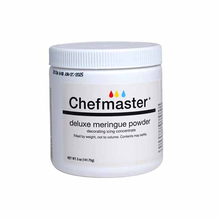 A white container of Chefmaster Deluxe Meringue Powder, labeled as a decorating icing concentrate. The container clearly displays the product name "Chefmaster" and "deluxe meringue powder." The net weight is indicated as 5 oz (141.75g). A note on the label mentions that the product is filled by weight, not by volume, and that contents may settle. The lid is white, matching the overall design of the container.