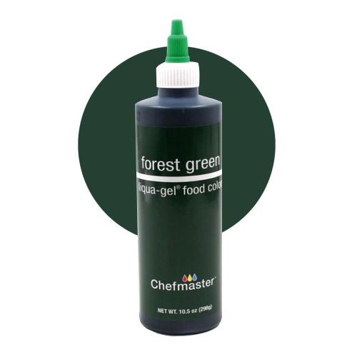 A bottle of Chefmaster Liqua Gel Food Color in Forest Green. The bottle is dark with a green tip and a label that reads "forest green" and "liqua-gel® food color." The net weight is 10.5 oz (298 g). The background features a large circle in the same forest green color.