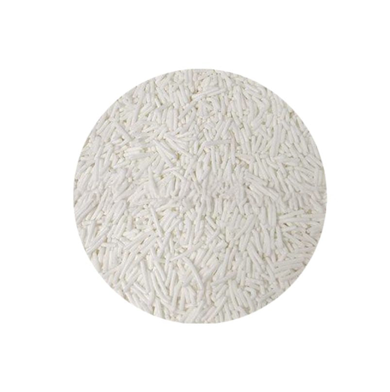 Close-up of numerous small white cylindrical granules densely packed in a circular arrangement against a white background, conveying a minimalistic tone.