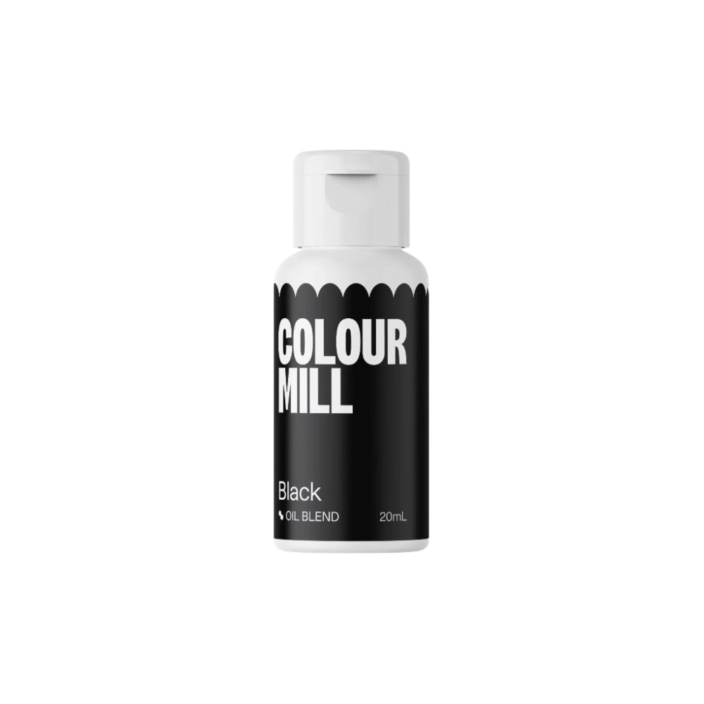 A bottle of "Colour Mill" oil-based food color in black, 20ml. The design features a predominantly black label with bold white text that reads "COLOUR MILL" and "Black," along with "Oil Blend" and the volume "20ml." The bottle has a rounded cap and a decorative scalloped edge at the top of the label. The background is plain black.