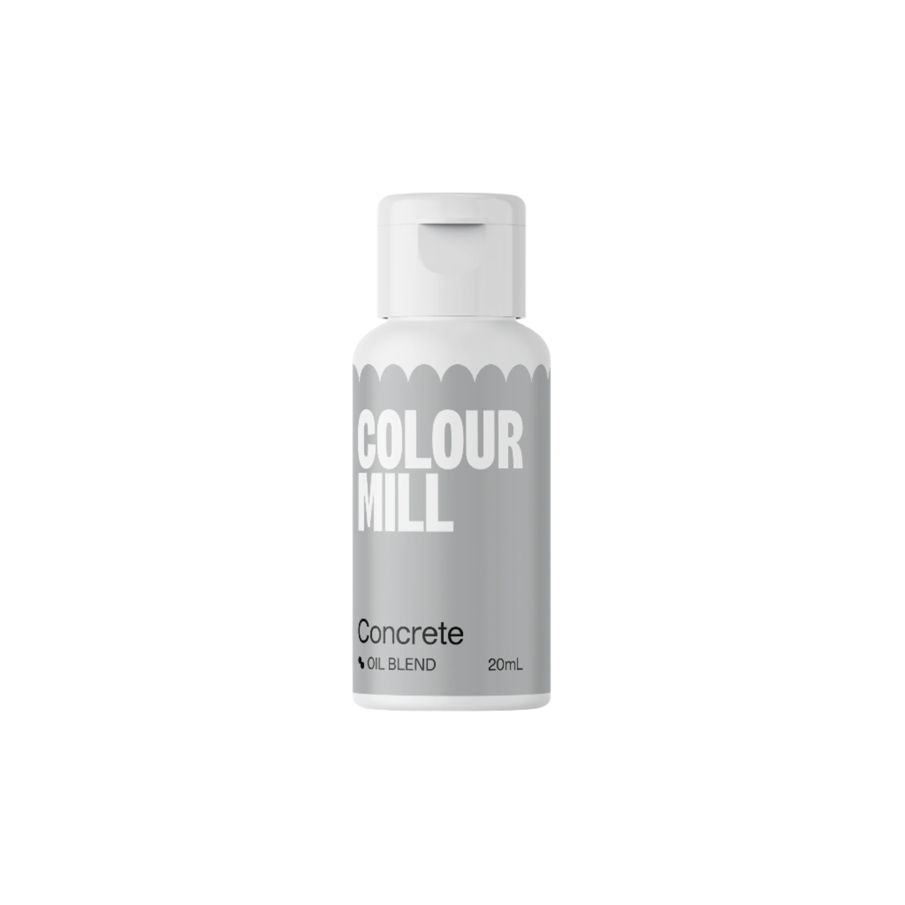 A 20ml bottle of Colour Mill oil-based food color labeled "Concrete." The bottle has a white cap and features a grey design with the brand name "COLOUR MILL" prominently displayed in white text. The word "Concrete" is also printed in black text below, along with "OIL BLEND" and the volume of 20mL. The background is plain and unobtrusive.