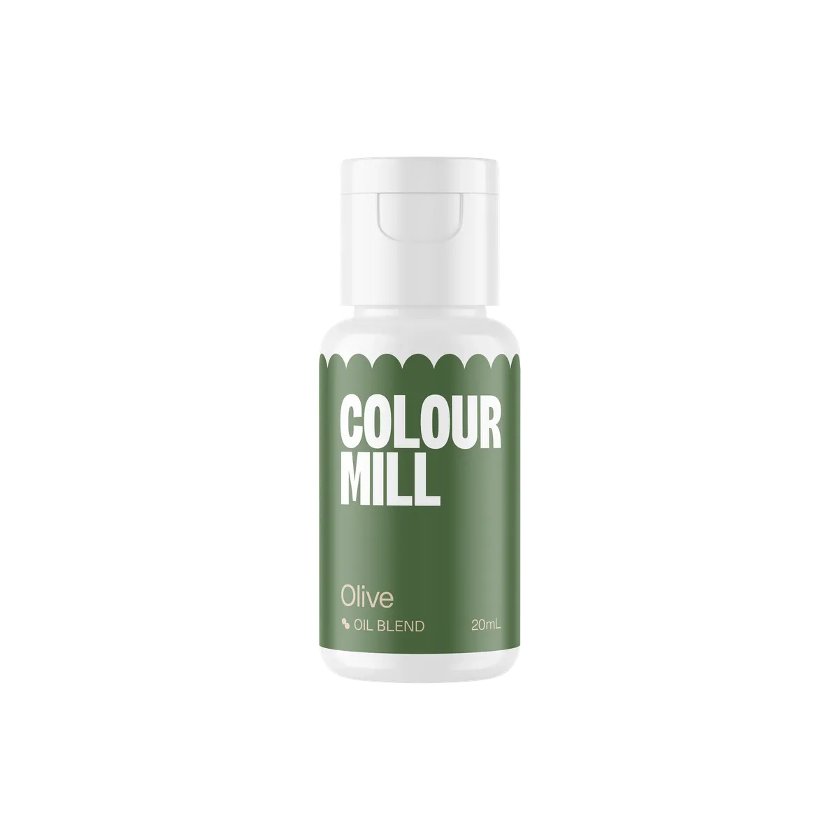 A bottle of Colour Mill Olive Oil Blend against a black background. The label is green with bold white text, conveying a simple and modern design.