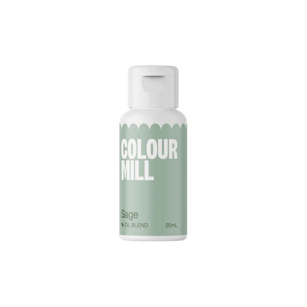 Small bottle of Colour Mill oil blend in sage green. The bottle has a white cap and bold text. The design is clean, minimal, and modern.