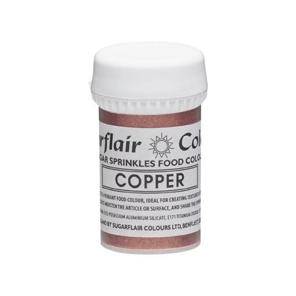 Container of Sugarflair sugar sprinkles in copper color, featuring a white lid and a label with text indicating "Sugar Sprinkles Food Colour" and "COPPER." The container is designed for baking and decorating, with additional product information and instructions on the label.