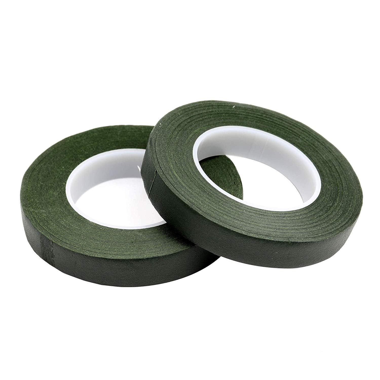 Two rolls of green florist tape are positioned side by side. Each roll has a cylindrical shape with a central hole and is wrapped in a matte, green paper material. The tape is designed for floral arrangements and crafting. The background is white, emphasizing the rolls of tape.