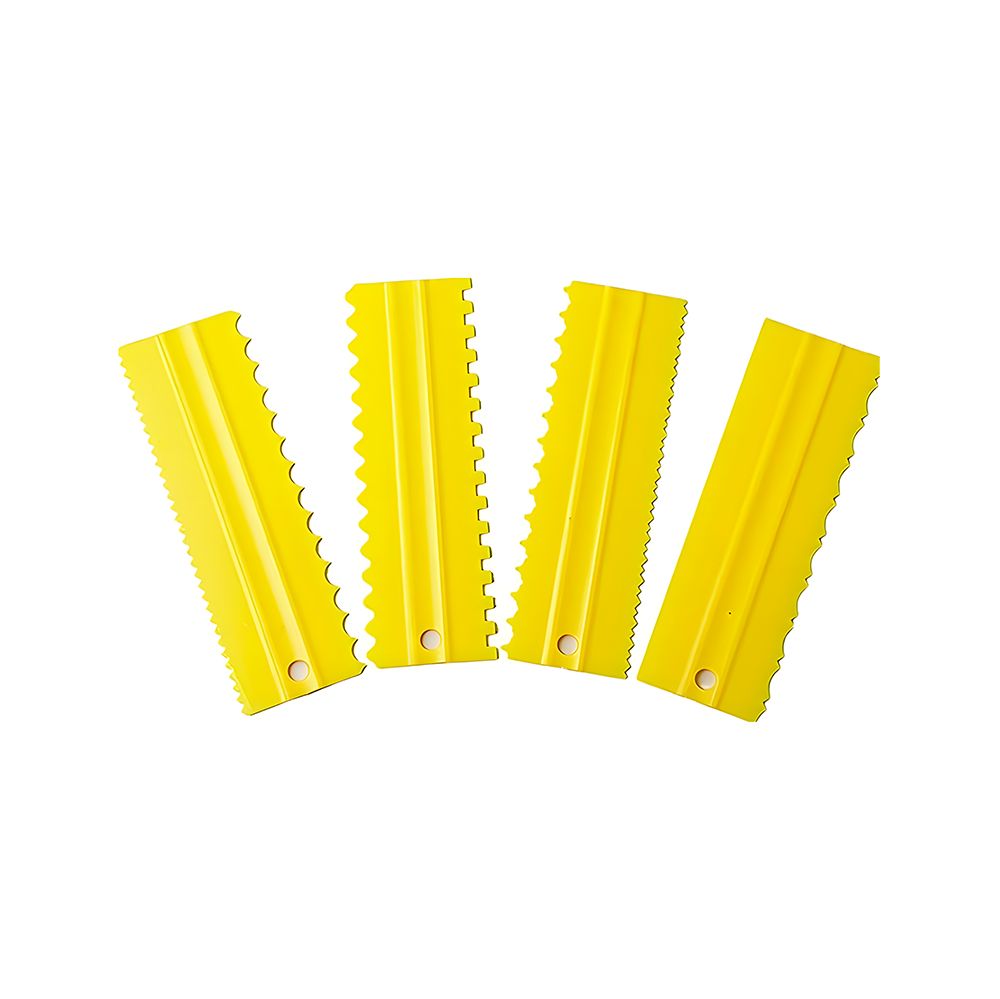 Four yellow plastic scrapers with differently serrated edges arranged in a fan shape against a white background, conveying a sense of variety and utility.