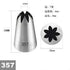 Image depicting a piping nozzle labeled "357". The nozzle has a tapered, silver metallic design with a fluted opening at the top, featuring six pointed edges. To the right, there is a circular diagram showing the nozzle?s tip, which resembles a flower shape. Dimensions of the nozzle are indicated: a height of 48 mm, a base diameter of 30 mm, and an opening size of 7 mm.