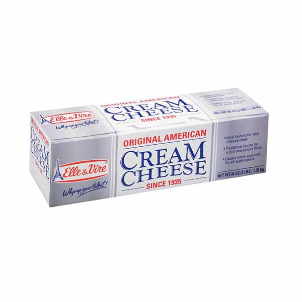 Box of Elle & Vire Original American Cream Cheese, featuring a white and blue design with red accents. The packaging highlights &