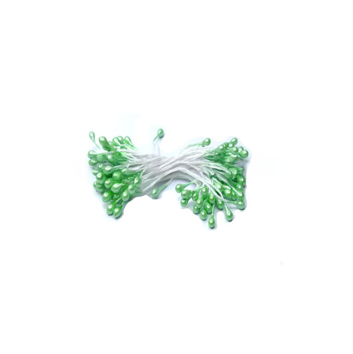 A bundle of green pearl stamens with white stems, arranged neatly. The glossy surface of the pearls suggests a decorative use, conveying a sense of elegance.
