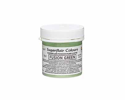 A small plastic container labeled "Sugarflair Colours Sugarflair Edible Glitter Dust Powder 25g Fusion Green." The container is predominantly green with a white lid and features product information and usage instructions on the label.