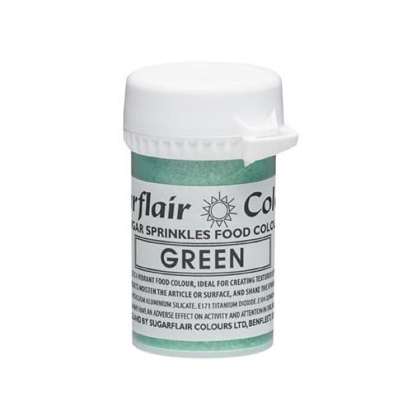 A container of Sugarflair Sugar Sprinkles in green, labeled as 20g. The container has a white screw-on lid and features a label that includes the brand name "Sugarflair," product description, and "GREEN" in bold. The background is light, emphasizing the green color of the sprinkles inside.