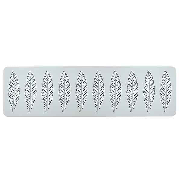 A silicone mould featuring eight hollow feather leaf shapes arranged in a row. The mould is light in color with outlined designs of feather leaves, showcasing intricate detailing on each feather.