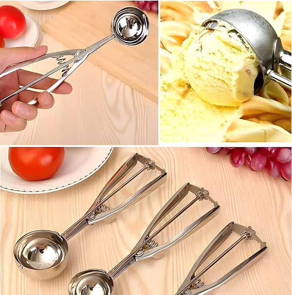 A stainless steel ice cream scoop being held, featuring a spring-action handle for easy scooping. The image also shows scoops of ice cream and multiple tools for versatile kitchen use.