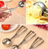 A stainless steel ice cream scoop being held, featuring a spring-action handle for easy scooping. The image also shows scoops of ice cream and multiple tools for versatile kitchen use.