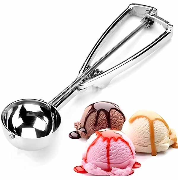 A close-up of a stainless steel ice cream scoop filled with a scoop of ice cream, surrounded by colorful scoops topped with syrup, showcasing its practical use for desserts.