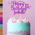 A birthday cake topped with a glittery cake topper that reads "Happy Birthday Isabelle 13th" in purple. The cake has a light blue frosting with pink and white meringue peaks on top, and is decorated with pink sugar pearls around the bottom. To the side, there are swatches of glitter in various colors. The background is a soft pink.