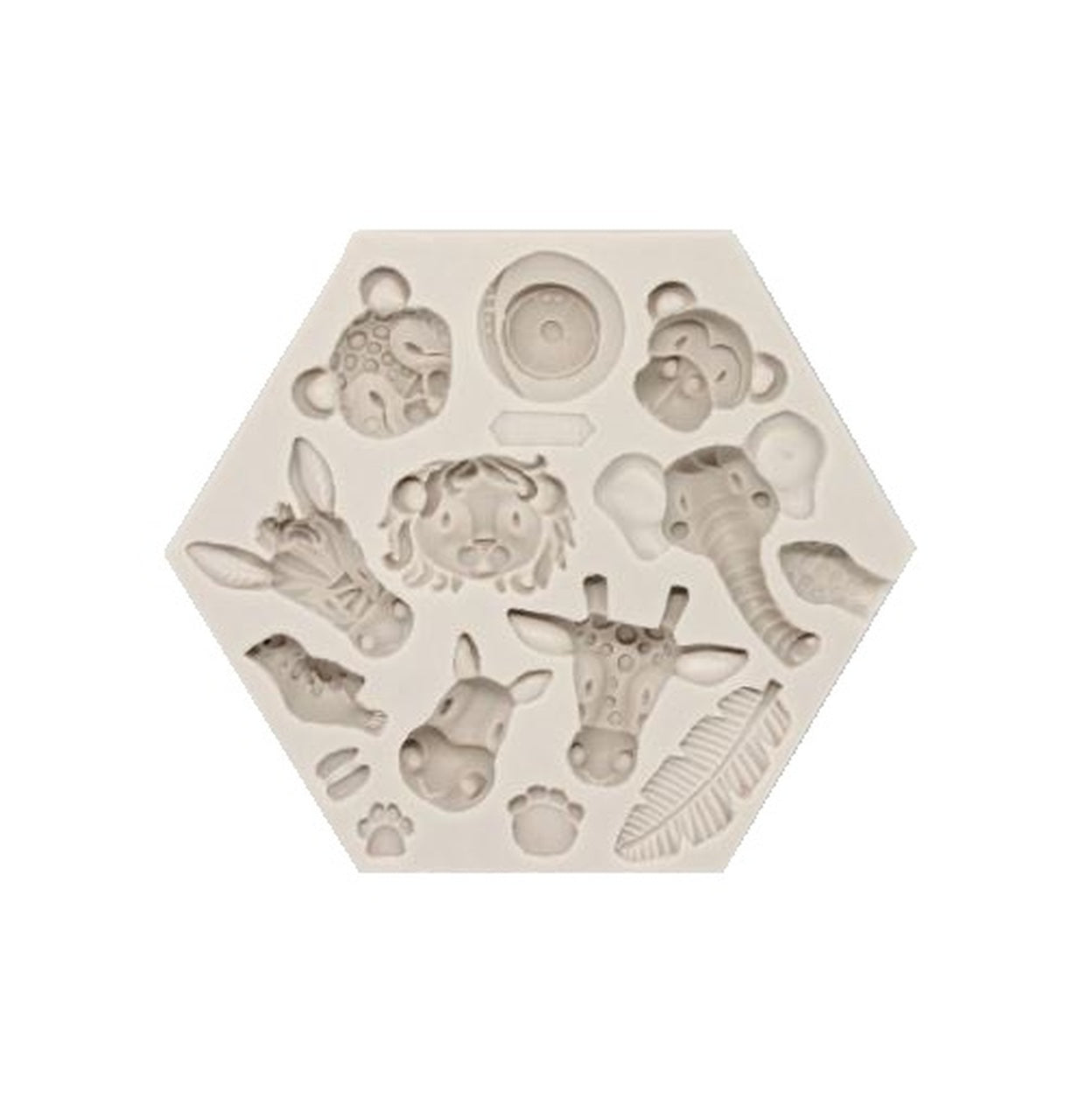 An image of a hexagonal silicone mold featuring various jungle animal faces. The mold includes detailed impressions of a giraffe, elephant, lion, monkey, and bird, along with animal paw prints and a leaf design. The mold is a light beige color and has raised features for each animal, making it suitable for crafting or baking purposes.